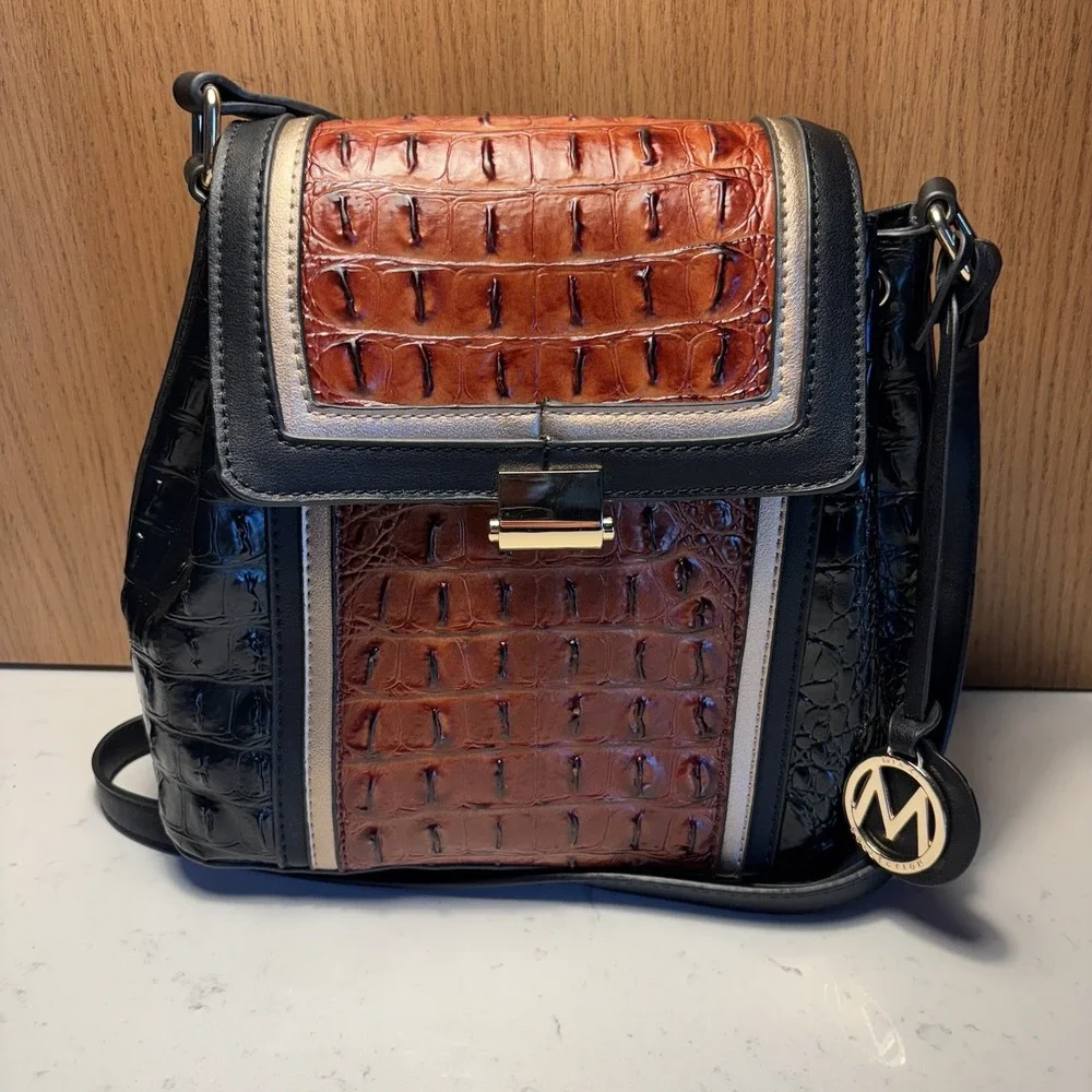 MFK Collection Women's Jamilah Crossbody Bag, Black/Brown, Vegan Leather‎